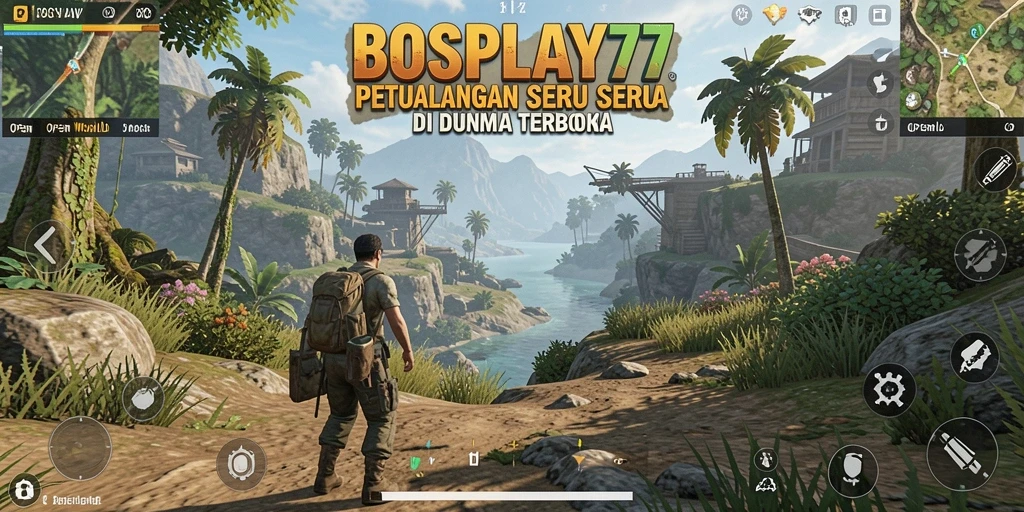 Antarmuka utama BOSPLAY77 menampilkan pemandangan dunia terbuka yang menakjubkan.